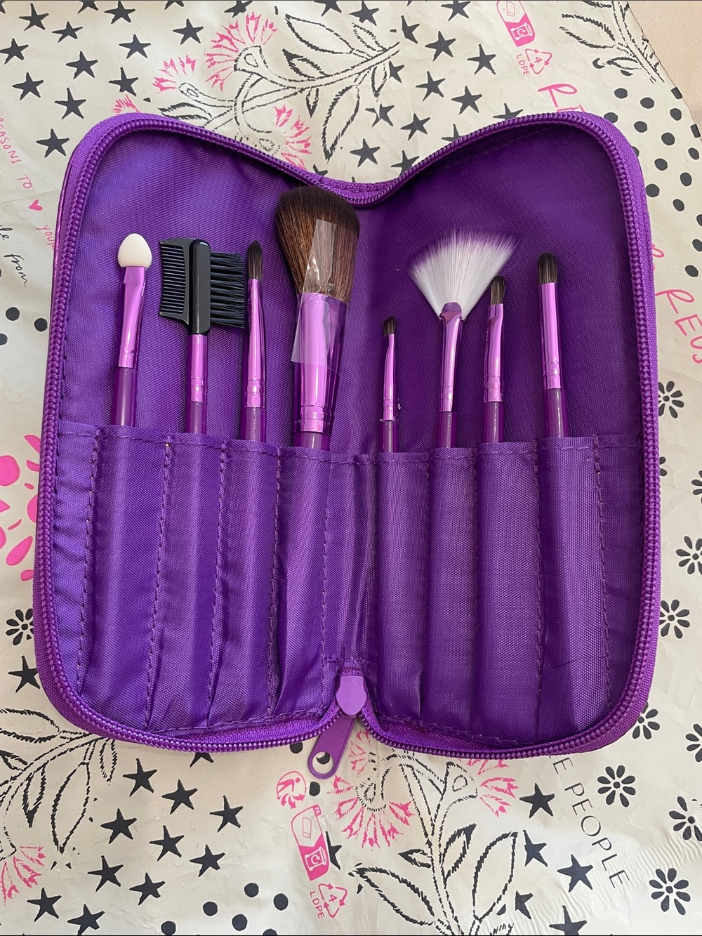 NWOT   Metallic Purple Zip Pouch & Makeup Brush Set